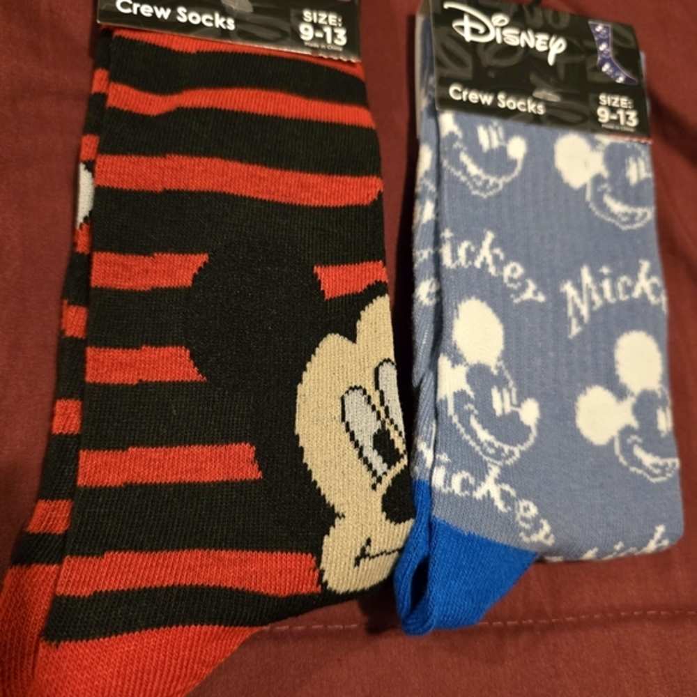 NWT Disney Mickey Mouse Adult Crew‎ Socks 2 Pair Blue & Black Size 9-13